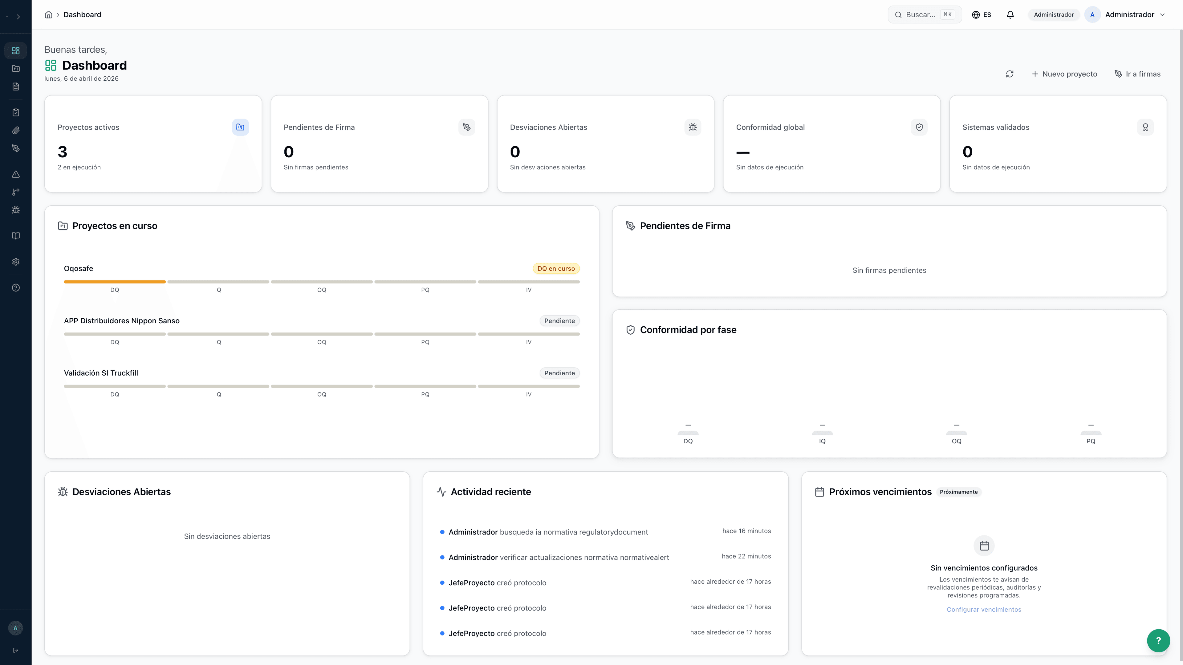 Dashboard de OqoVal con KPIs de compliance